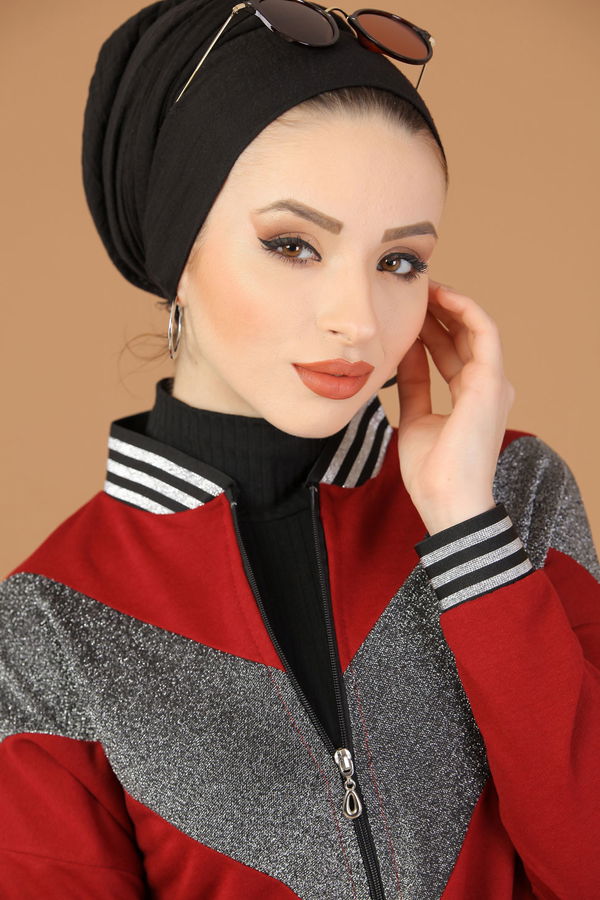 Düz Hakim Yaka Kadın Bordo Simli Tunik  - 8220 BORDO