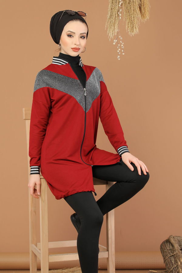 Düz Hakim Yaka Kadın Bordo Simli Tunik  - 8220 BORDO