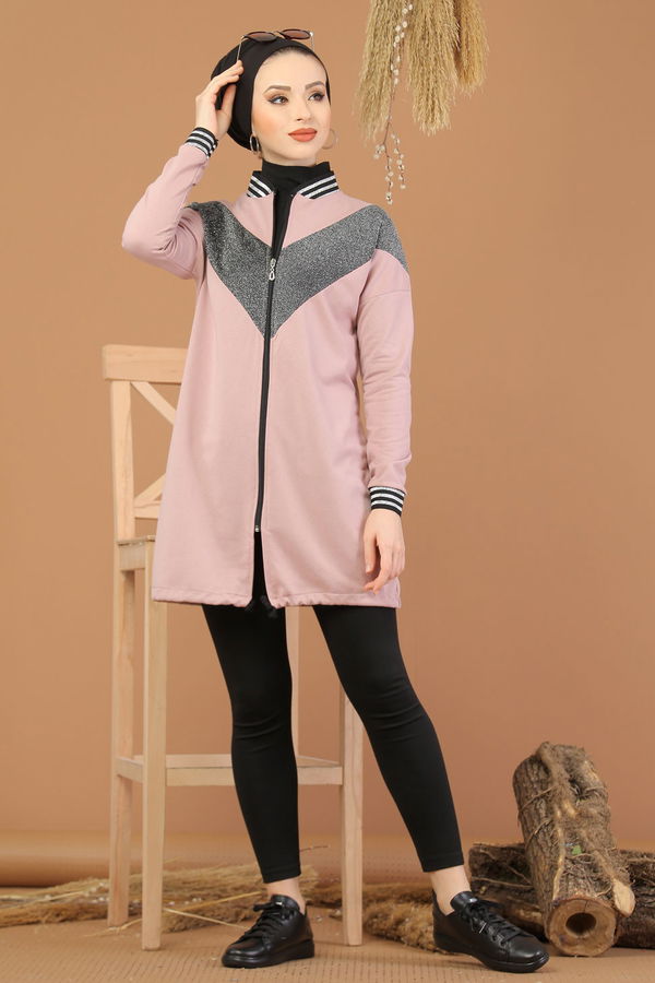 Düz Hakim Yaka Kadın Pembe Simli Tunik  - 8220 PEMBE