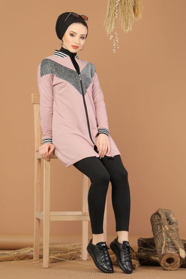 Düz Hakim Yaka Kadın Pembe Simli Tunik  - 8220 PEMBE