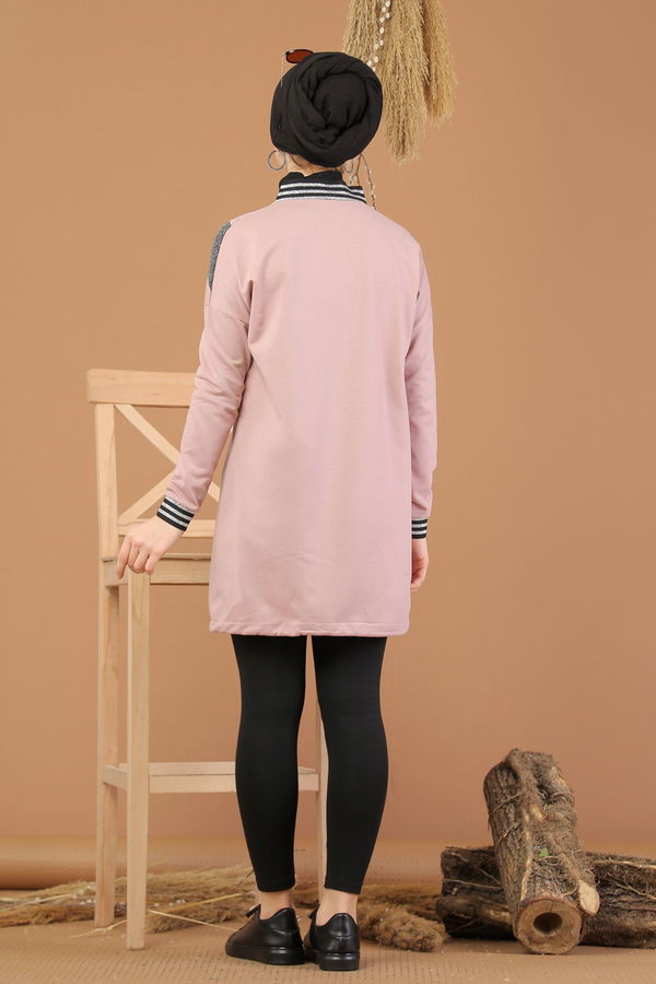 Düz Hakim Yaka Kadın Pembe Simli Tunik  - 8220 PEMBE