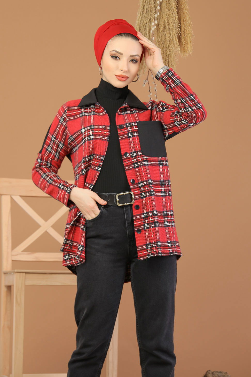 Düz Orta Kadın Kırmızı Gömlek Tunik Kırmızı - 8222 - 8222
