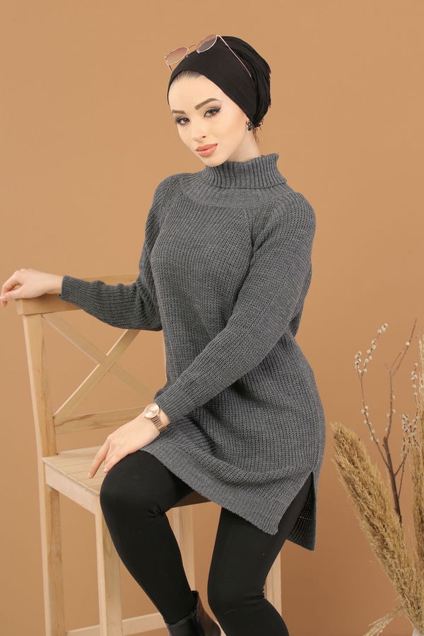 Düz Orta Kadın Antrasit Triko Tunik Siyah  - 8144