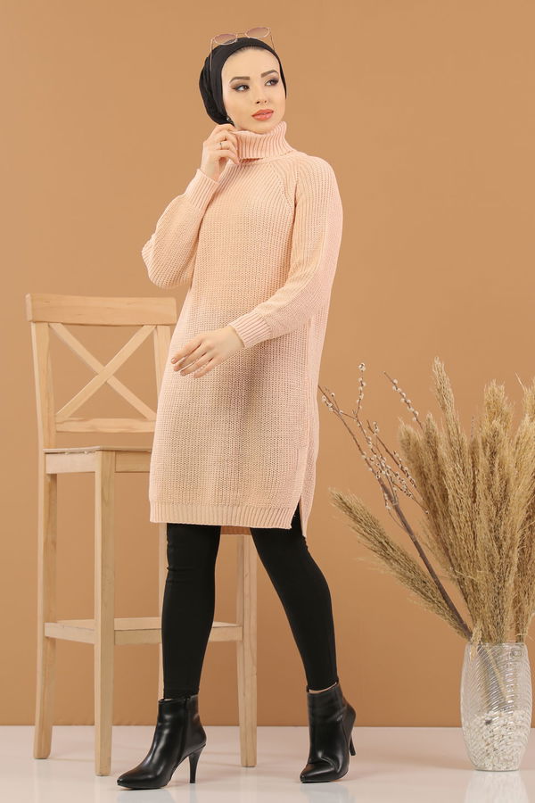 Düz Orta Kadın Pembe Triko Tunik Siyah  - 8144