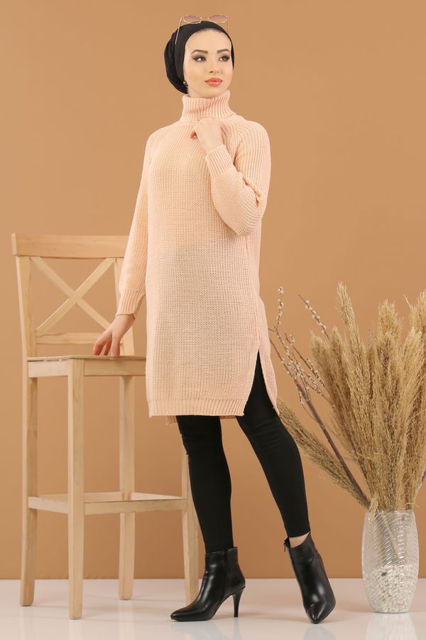 Düz Orta Kadın Pembe Triko Tunik Siyah  - 8144
