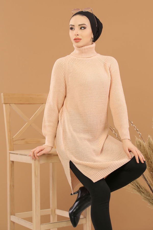 Düz Orta Kadın Pembe Triko Tunik Siyah  - 8144