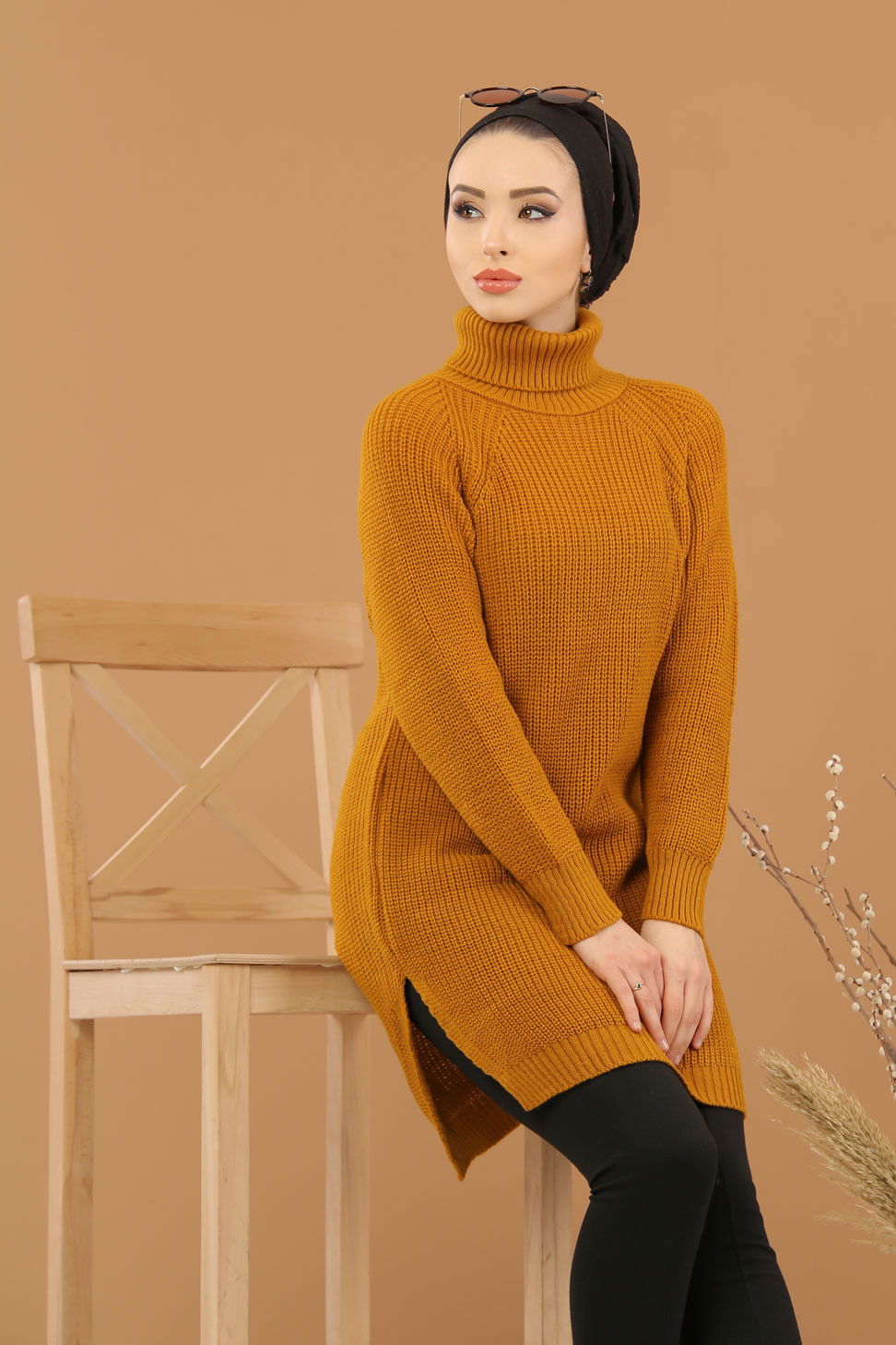 Düz Orta Kadın Sarı Triko Tunik Siyah  - 8144 Sarı