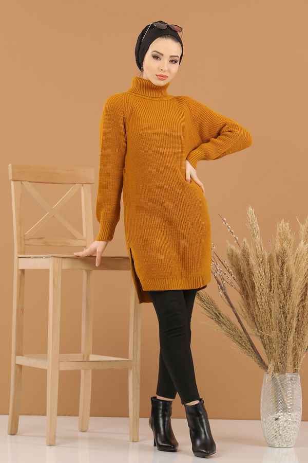Düz Orta Kadın Sarı Triko Tunik Siyah  - 8144 Sarı