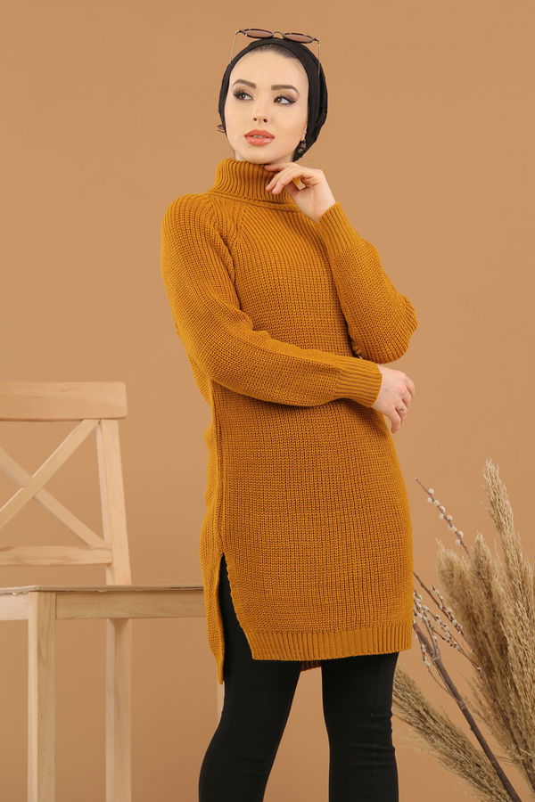 Düz Orta Kadın Sarı Triko Tunik Siyah  - 8144 Sarı