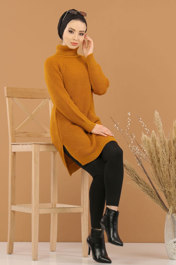 Düz Orta Kadın Sarı Triko Tunik Siyah  - 8144 Sarı