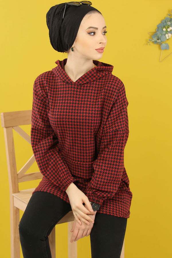 Düz Orta Kadın Bordo Kapşonlu Tunik Haki  - 5231 BORDO