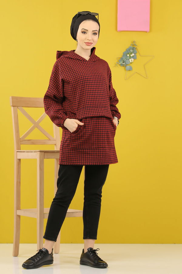 Düz Orta Kadın Bordo Kapşonlu Tunik Haki  - 5231 BORDO