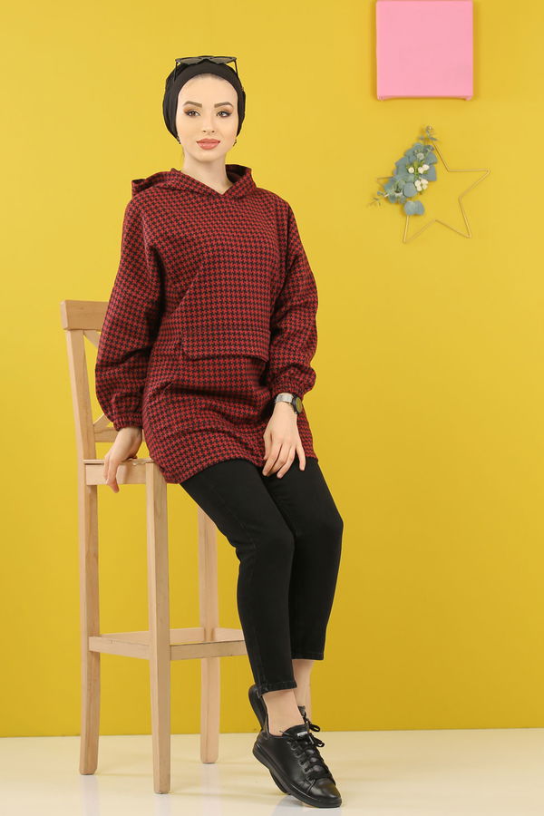 Düz Orta Kadın Bordo Kapşonlu Tunik Haki  - 5231 BORDO
