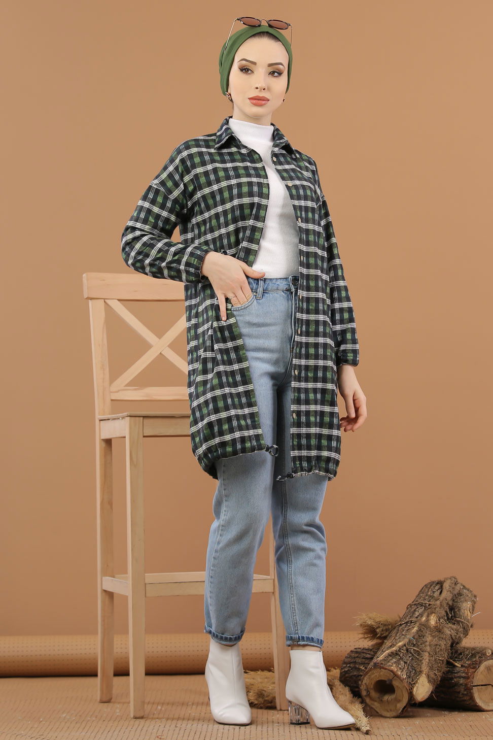 Düz Gömlek Yaka Kadın Haki Ekose Tunik İpli Haki  - 7933 HAKİ