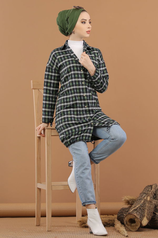 Düz Gömlek Yaka Kadın Haki Ekose Tunik İpli Haki  - 7933 HAKİ