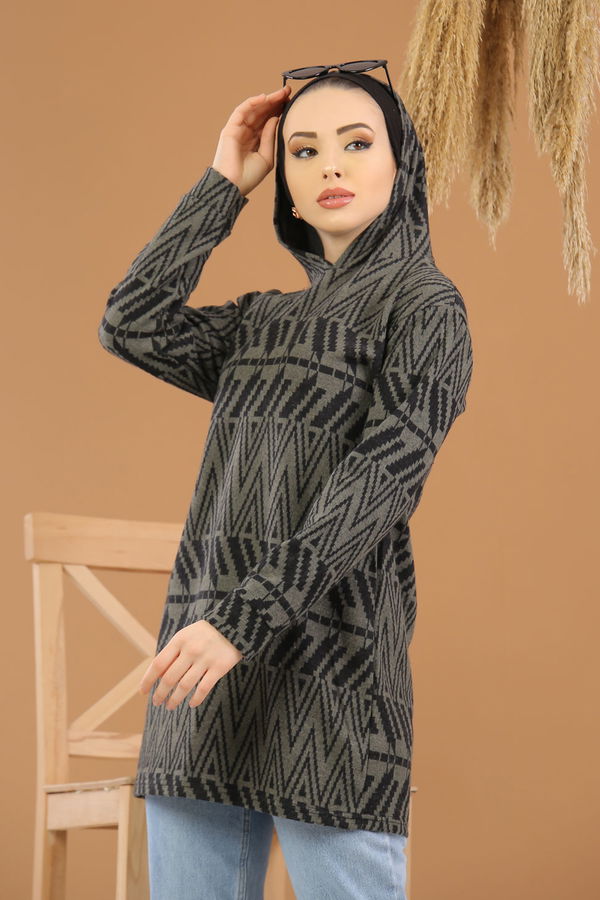 Düz Orta Kadın Haki Kapşonlu Tunik Haki  - 8258