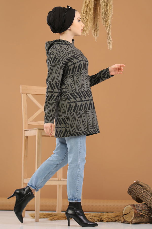 Düz Orta Kadın Haki Kapşonlu Tunik Haki  - 8258