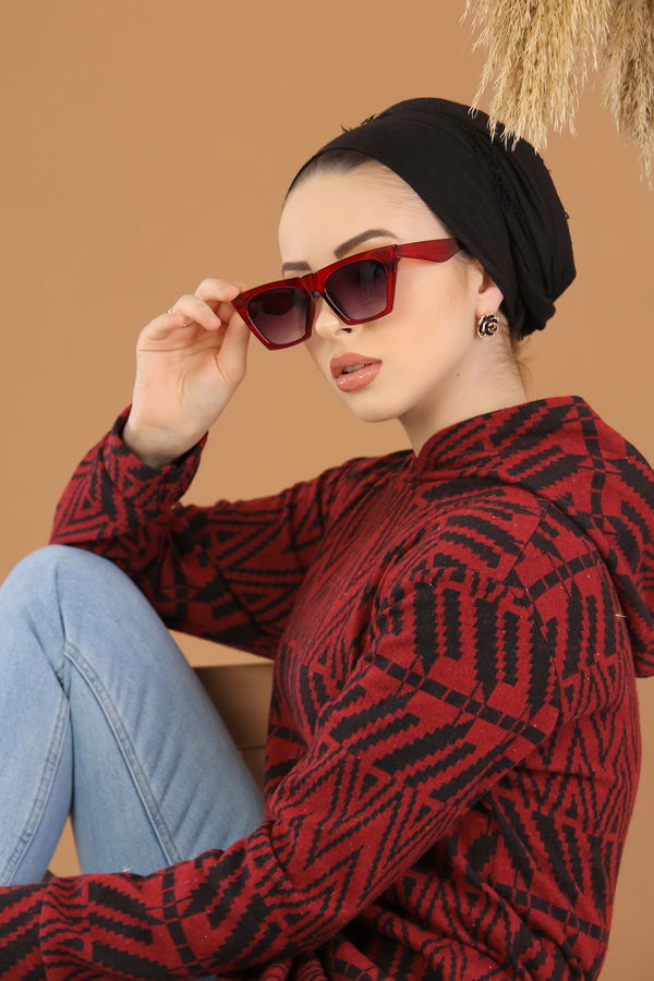 Düz Orta Kadın Bordo Kapşonlu Tunik Haki  - 8258