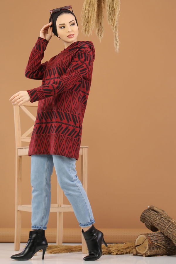Düz Orta Kadın Bordo Kapşonlu Tunik Haki  - 8258