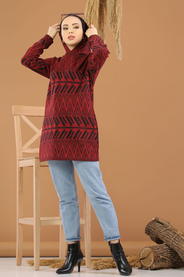 Düz Orta Kadın Bordo Kapşonlu Tunik Haki  - 8258