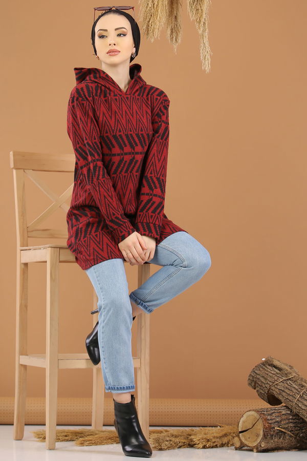 Düz Orta Kadın Bordo Kapşonlu Tunik Haki  - 8258