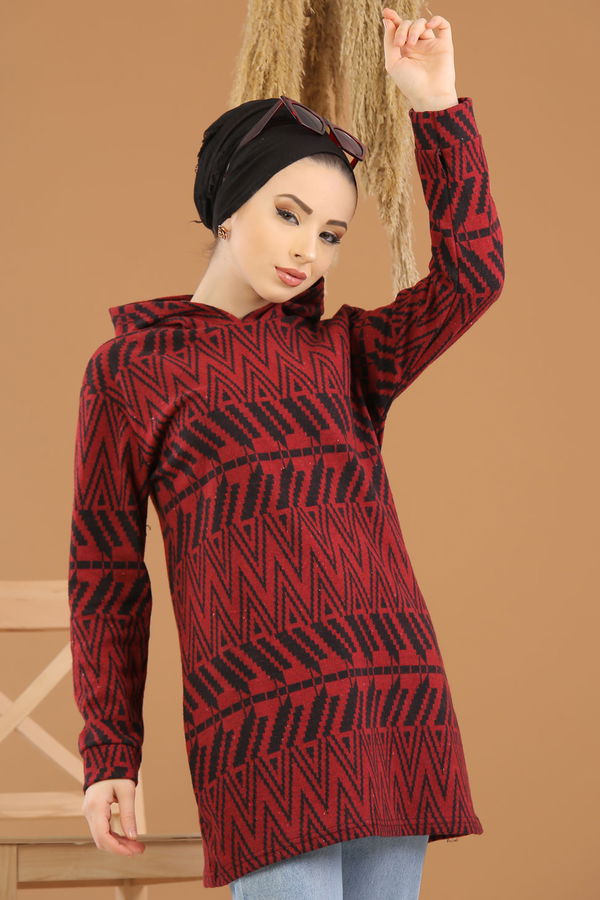 Düz Orta Kadın Bordo Kapşonlu Tunik Haki  - 8258