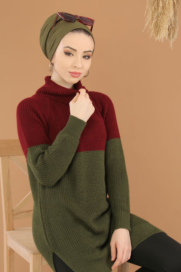 Düz Orta Kadın Haki Bogazlı Triko Tunik Siyah  - 8259 HAKİ