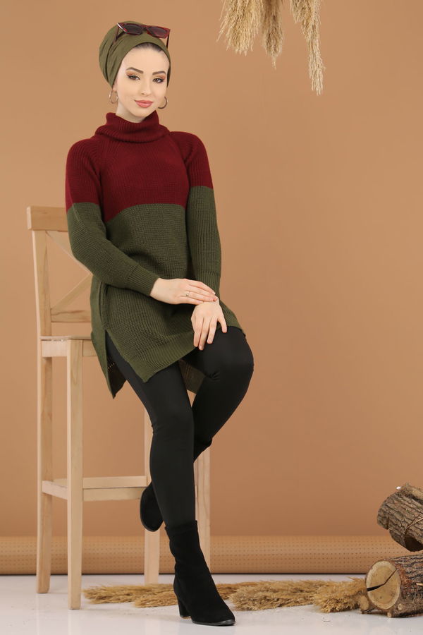 Düz Orta Kadın Haki Bogazlı Triko Tunik Siyah  - 8259 HAKİ