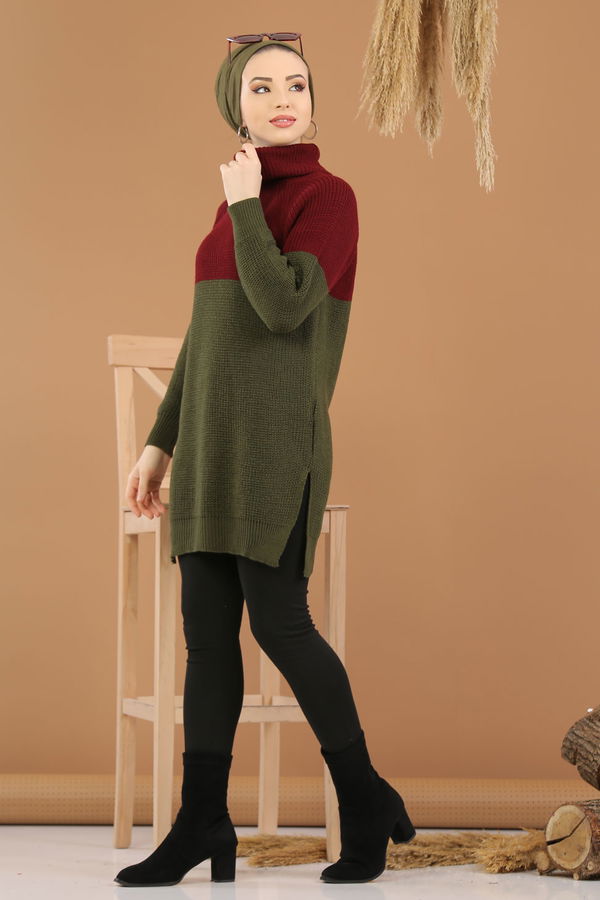 Düz Orta Kadın Haki Bogazlı Triko Tunik Siyah  - 8259 HAKİ