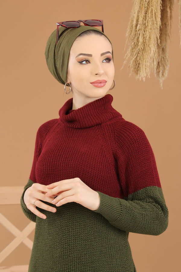 Düz Orta Kadın Haki Bogazlı Triko Tunik Siyah  - 8259 HAKİ