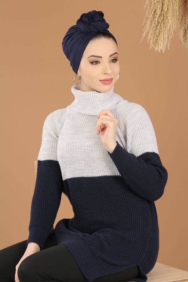 Düz Orta Kadın Lacivert Bogazlı Triko Tunik Siyah  - 8259