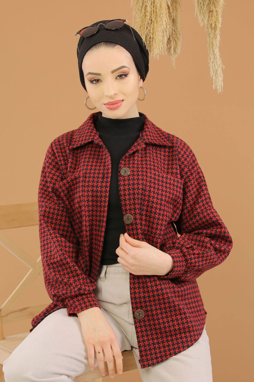 Düz Orta Kadın Bordo Oduncu Gömlek Haki  - 5229