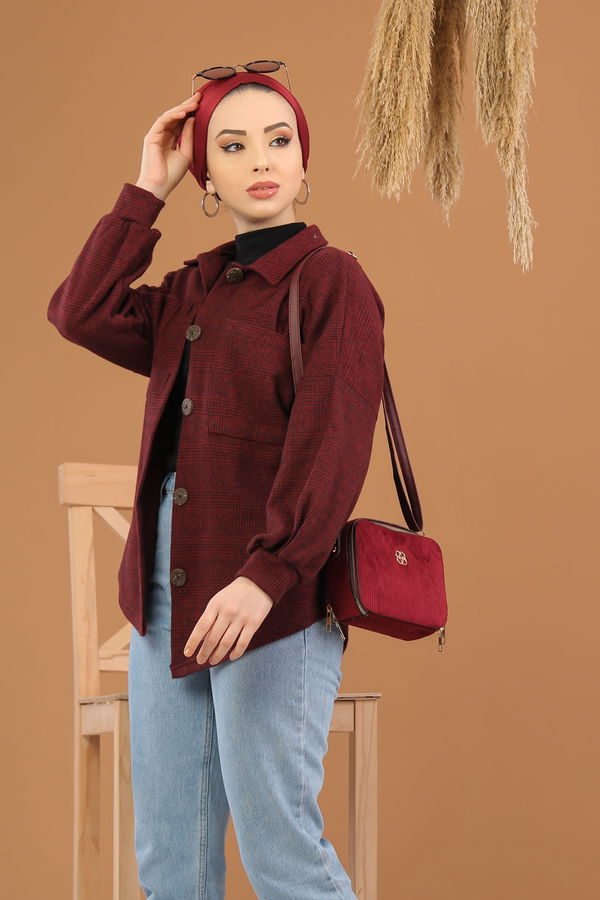 Düz Orta Kadın Bordo Oduncu Gömlek Haki  - 5228