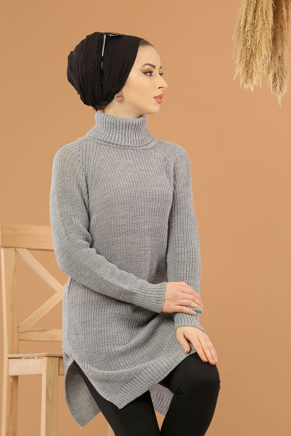 Düz Orta Kadın Gri Triko Tunik Siyah  - 8144