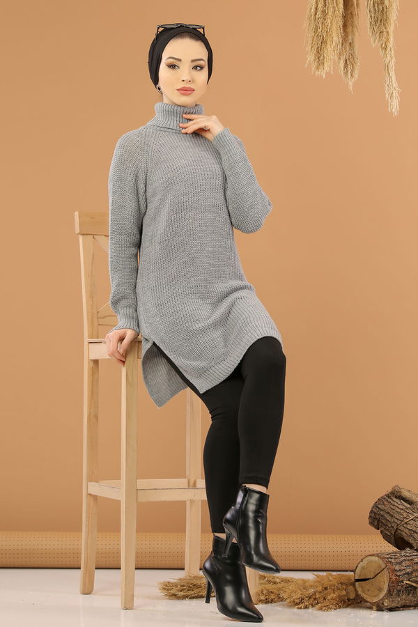 Düz Orta Kadın Gri Triko Tunik Siyah  - 8144