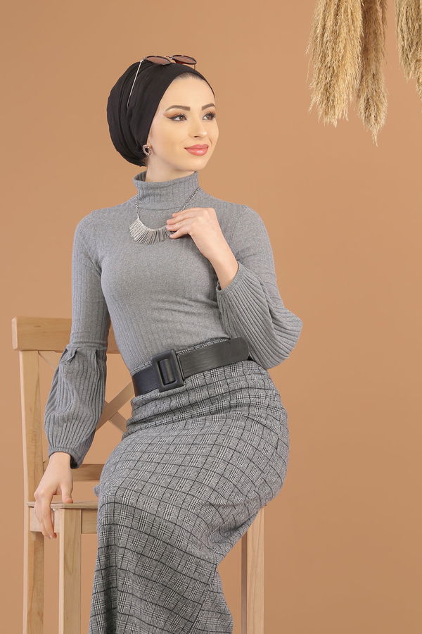Düz Orta Kadın Antrasit Bluz Etek Kombin D - 8253