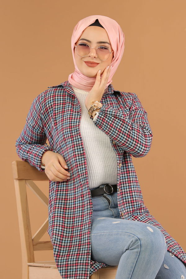 Düz Orta Kadın Fuşya Ekose Tunik Fuşya - 02 7658 - 7658 FUŞYA