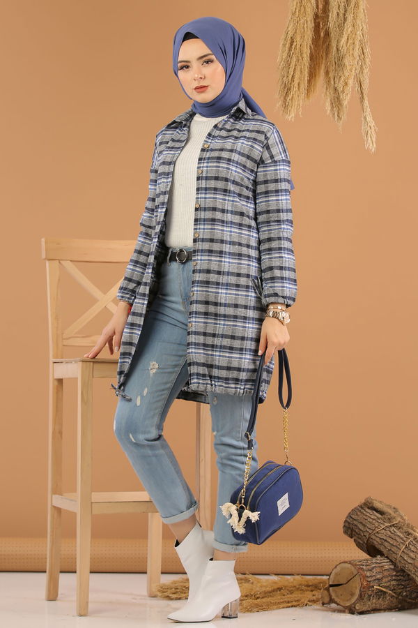 Düz Orta Kadın Mavi Ekose Tunik Saks - 7861 - 7861 MAVİ