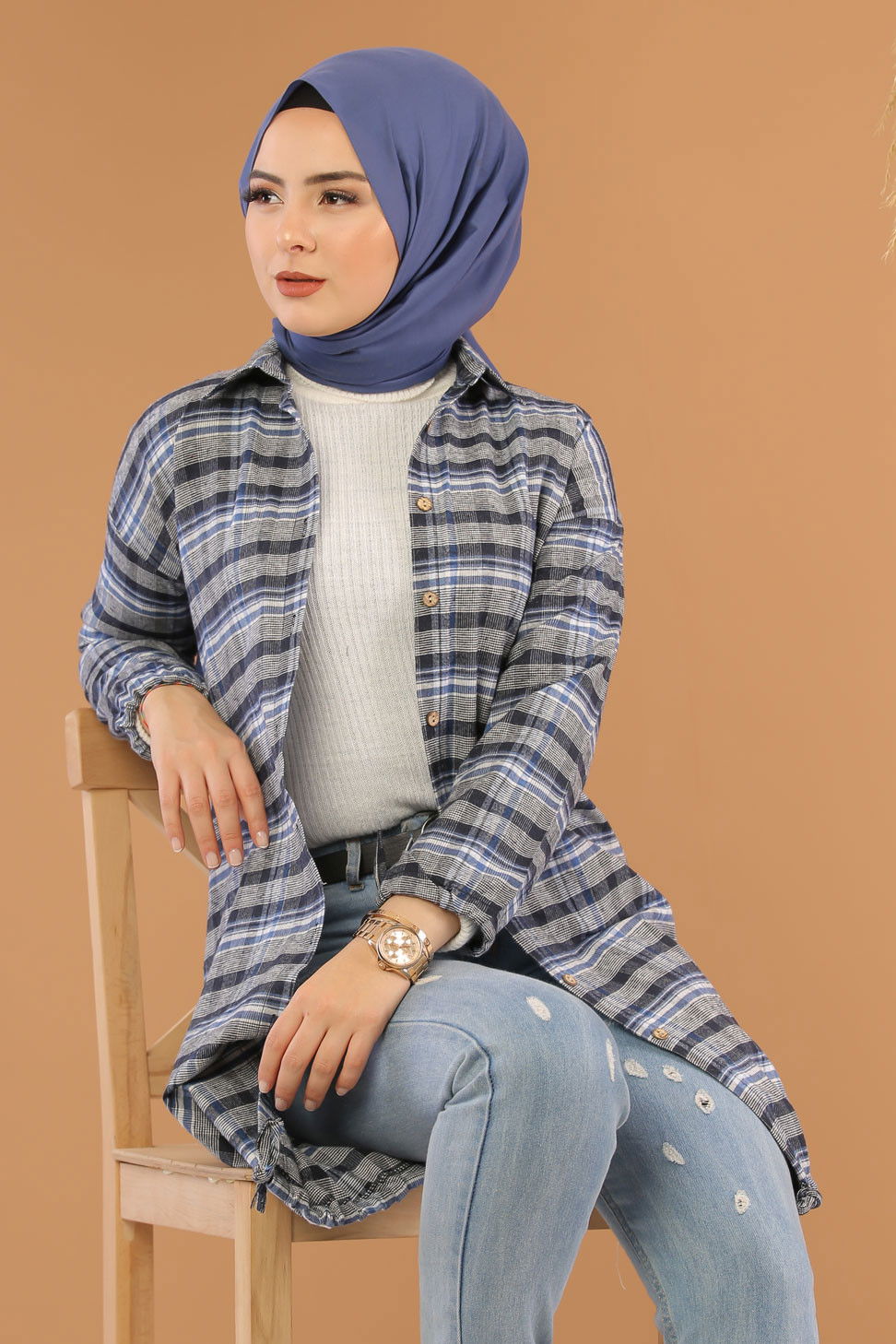 Düz Orta Kadın Mavi Ekose Tunik Saks - 7861 - 7861 MAVİ