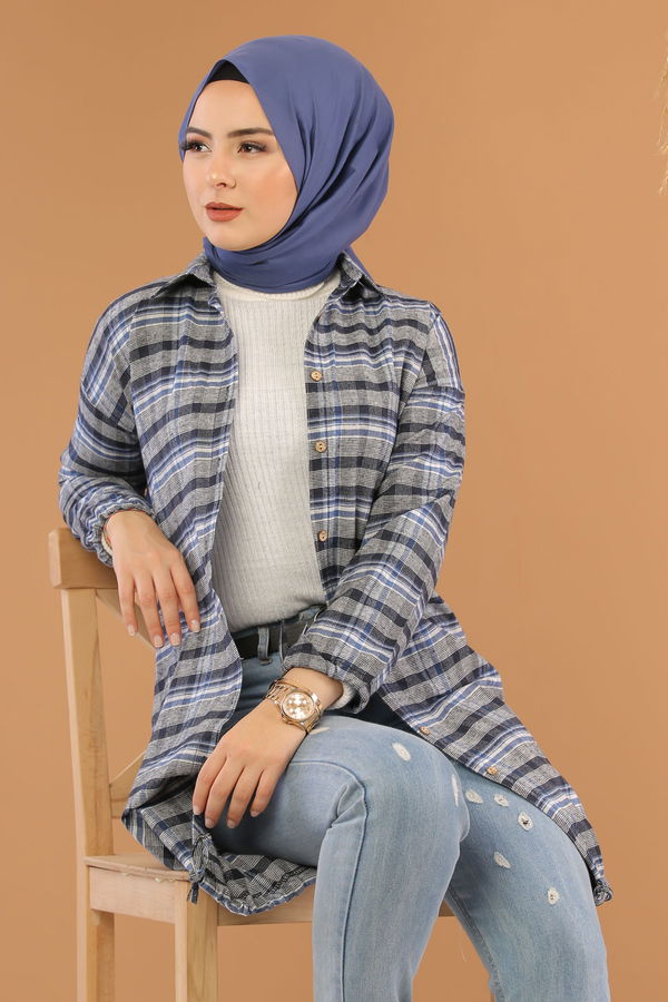 Düz Orta Kadın Mavi Ekose Tunik Saks - 7861 - 7861 MAVİ