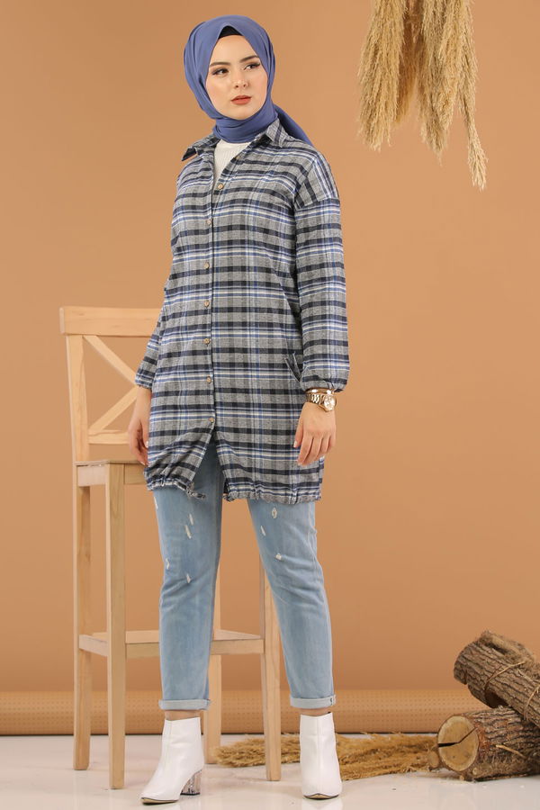 Düz Orta Kadın Mavi Ekose Tunik Saks - 7861 - 7861 MAVİ