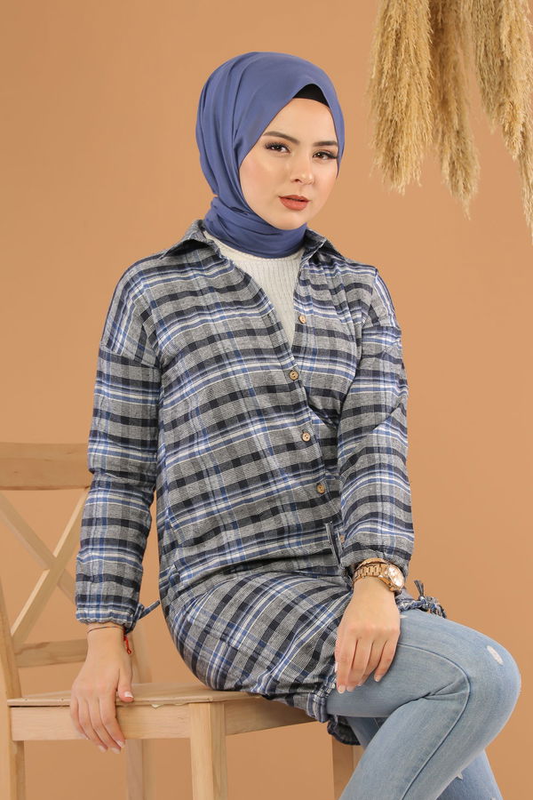 Düz Orta Kadın Mavi Ekose Tunik Saks - 7861 - 7861 MAVİ