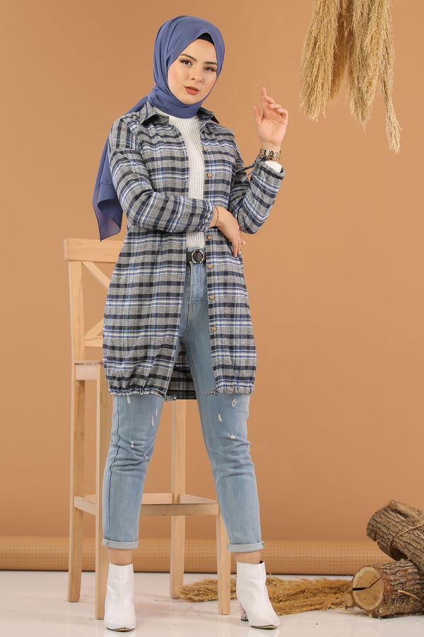 Düz Orta Kadın Mavi Ekose Tunik Saks - 7861 - 7861 MAVİ