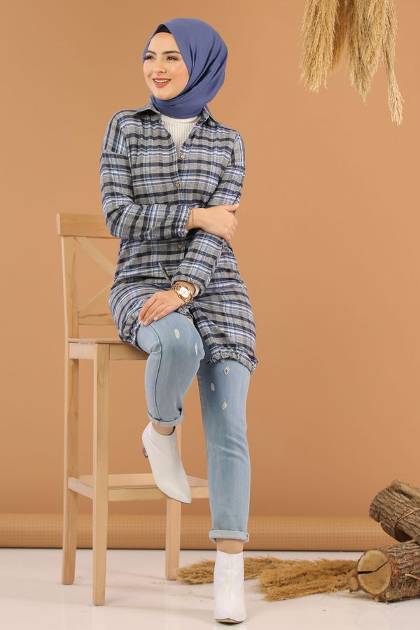 Düz Orta Kadın Mavi Ekose Tunik Saks - 7861 - 7861 MAVİ