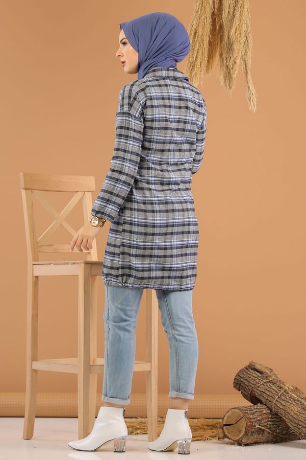 Düz Orta Kadın Mavi Ekose Tunik Saks - 7861 - 7861 MAVİ