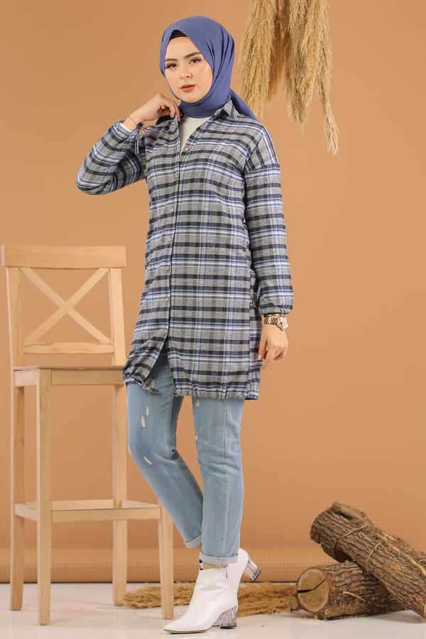 Düz Orta Kadın Mavi Ekose Tunik Saks - 7861 - 7861 MAVİ