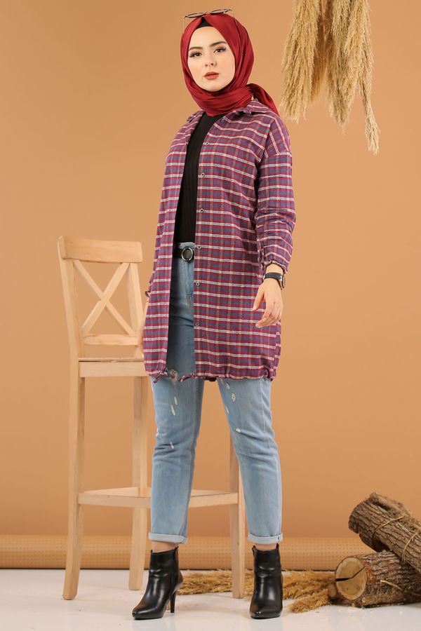 Düz Orta Kadın Bordo Ekose Tunik İpli Siyah Saks  - 7931 BORDO