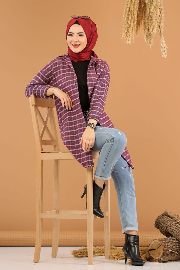 Düz Orta Kadın Bordo Ekose Tunik İpli Siyah Saks  - 7931 BORDO