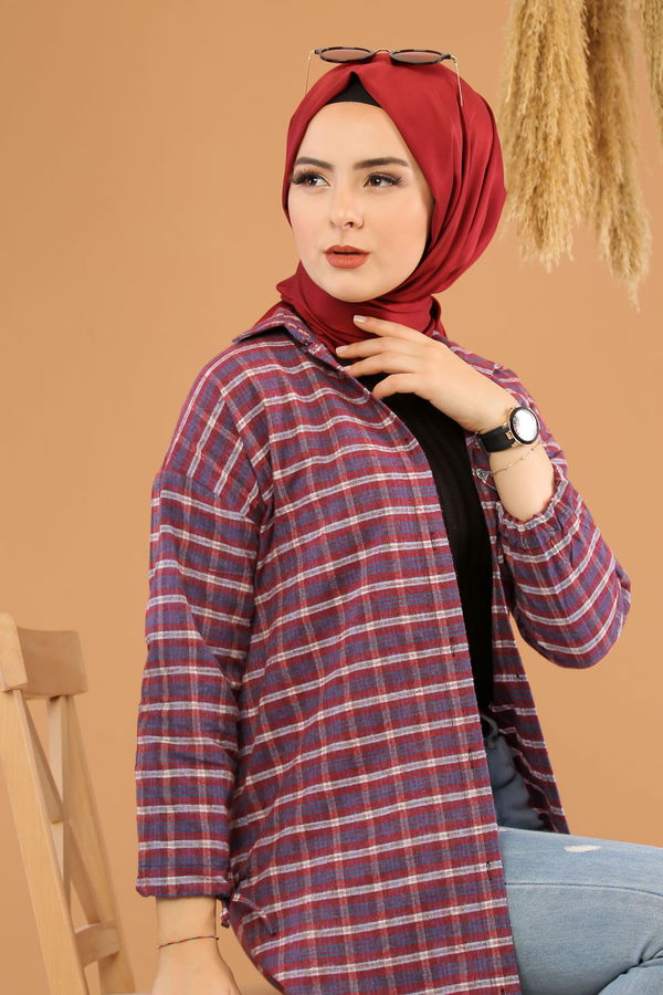 Düz Orta Kadın Bordo Ekose Tunik İpli Siyah Saks  - 7931 BORDO