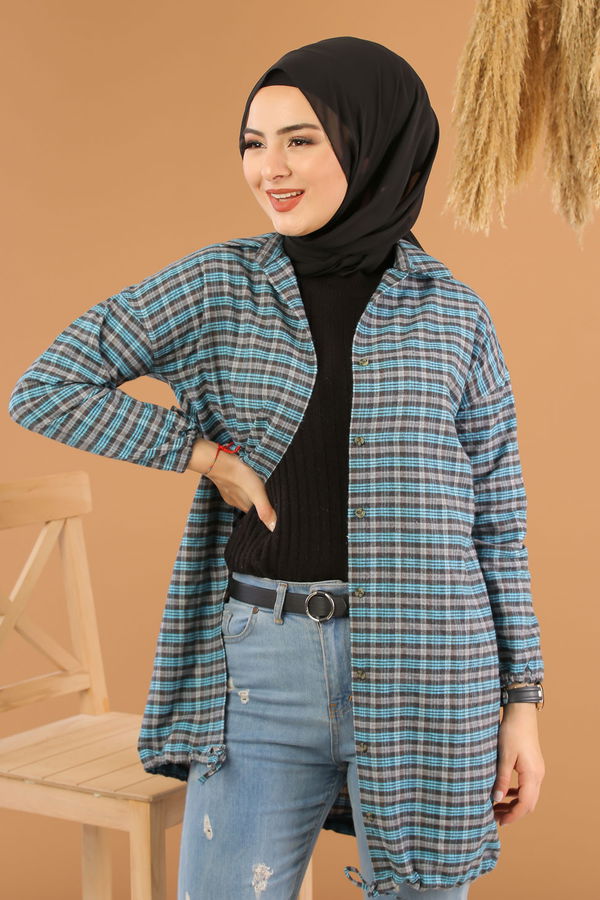 Düz Orta Kadın Siyah Ekose Tunik İpli Siyah Mavi - 7931 - 7931 SİYAH